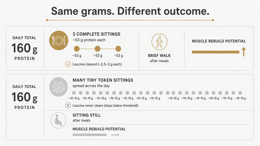 Diagram comparing same daily protein total with complete leucine sittings and a brief walk versus token sittings and sitting still, showing different muscle rebuild outcomes.