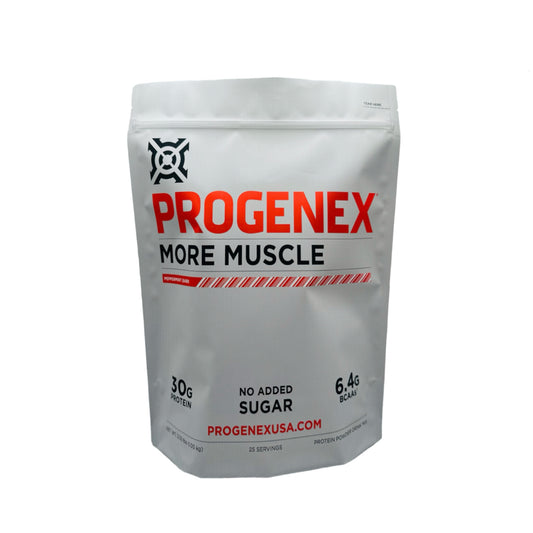 A package of Progenex More Muscle protein powder with the brand's logo and product information displayed on the front.
