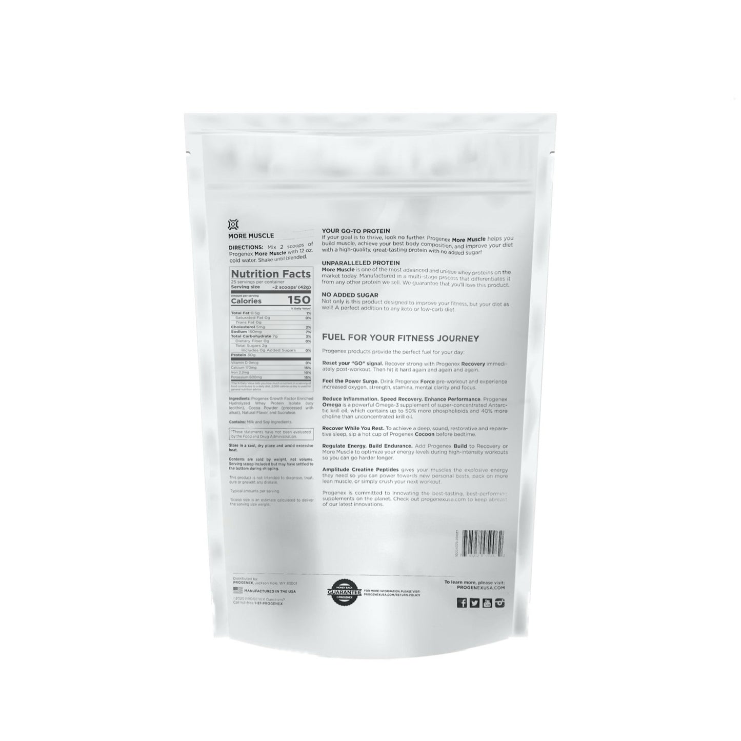 Back of bag of More Muscle Peppermint bark with Nutrition Facts label