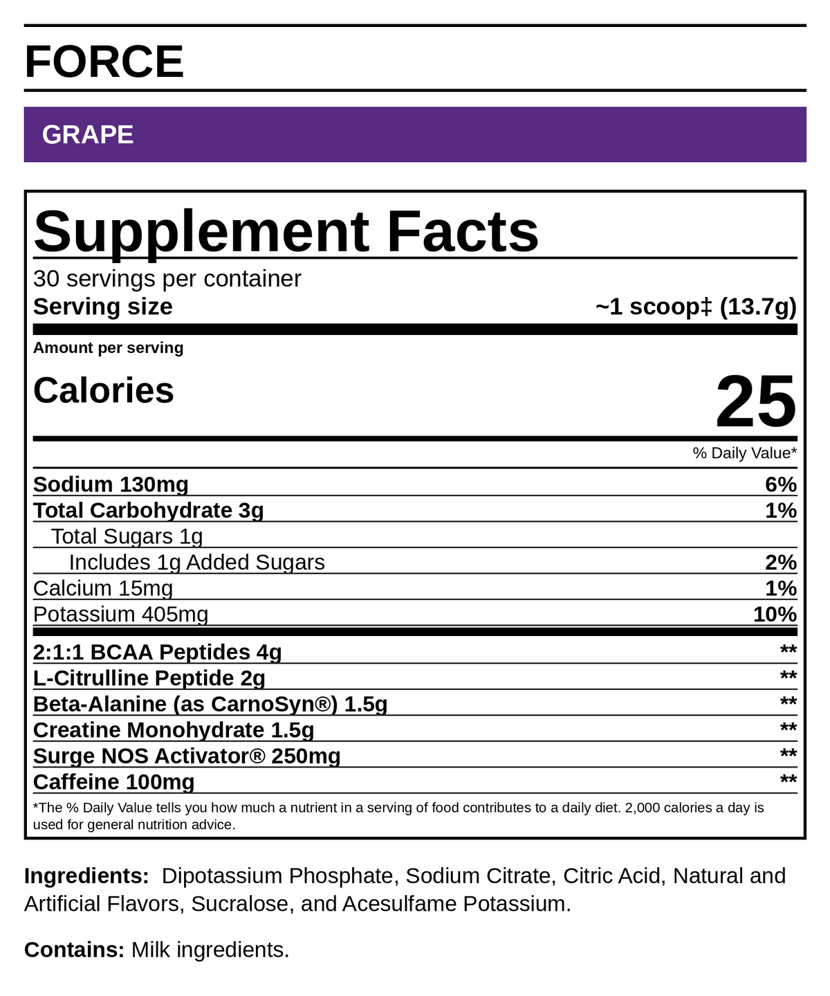 Force Grape — Supplement Facts (readable label panel)