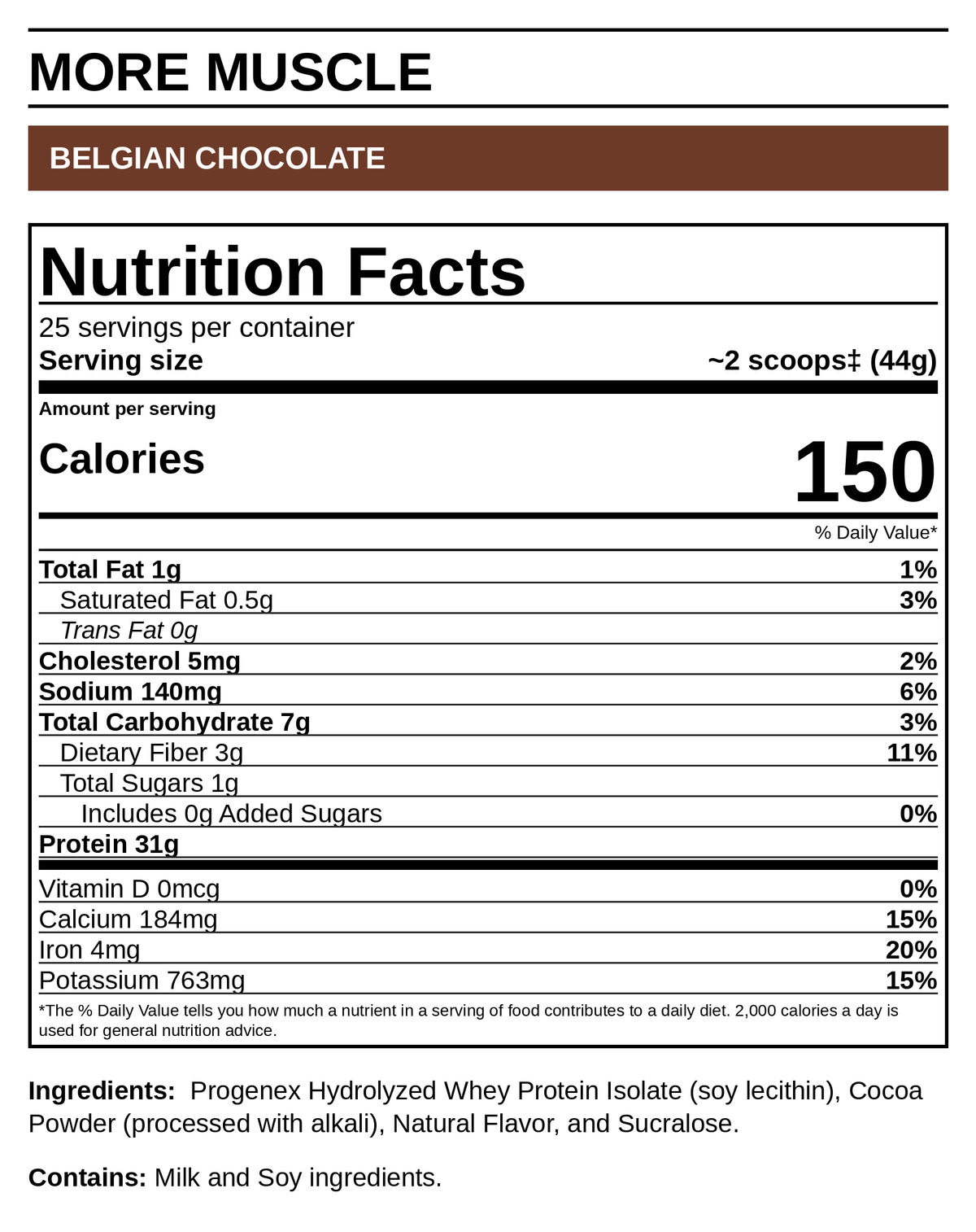 More Muscle Belgian Chocolate — Supplement Facts (readable label panel)