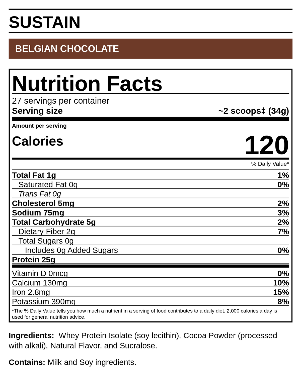 Sustain Belgian Chocolate — Supplement Facts (readable label panel)