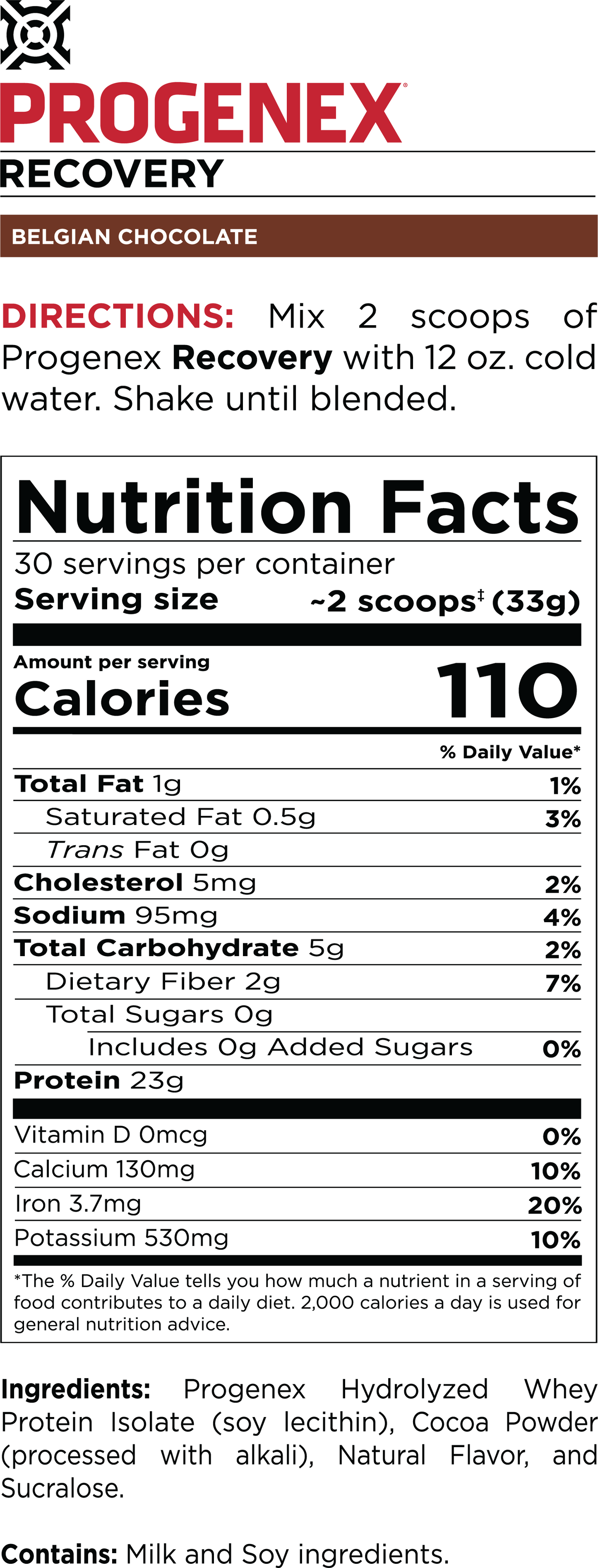 Progenex Recovery supplement label with directions and nutrition facts.