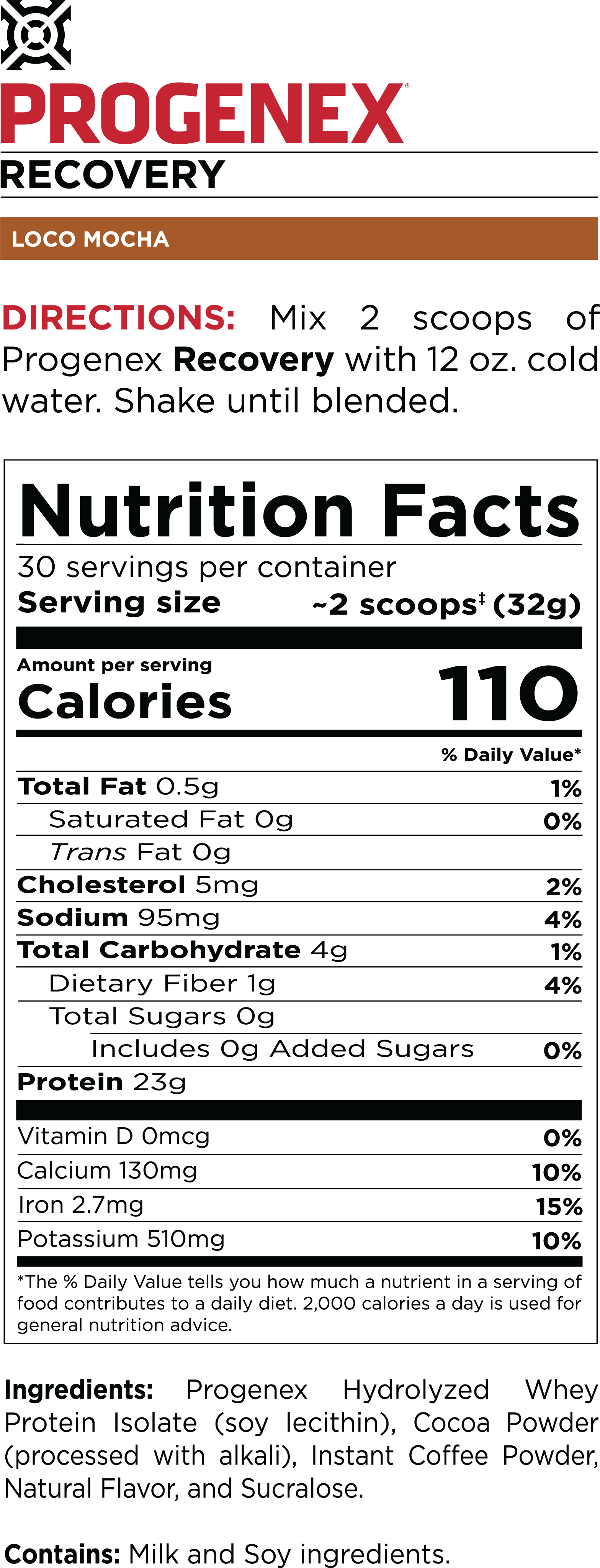 Nutrition facts label for Progenex Recovery Loco Mocha supplement.