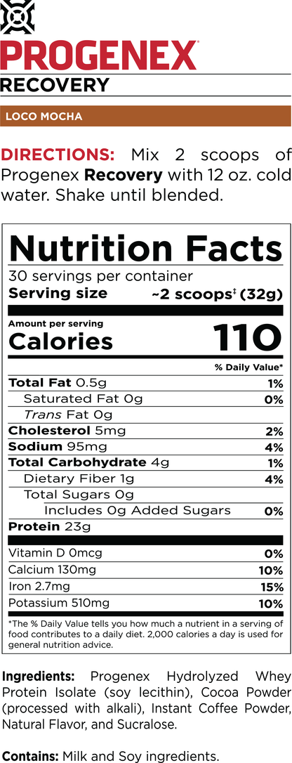 Nutrition facts label for Progenex Recovery Loco Mocha supplement.