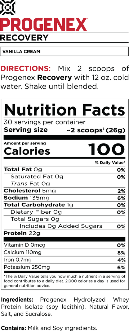 Progenex Recovery supplement label with nutrition facts and directions.